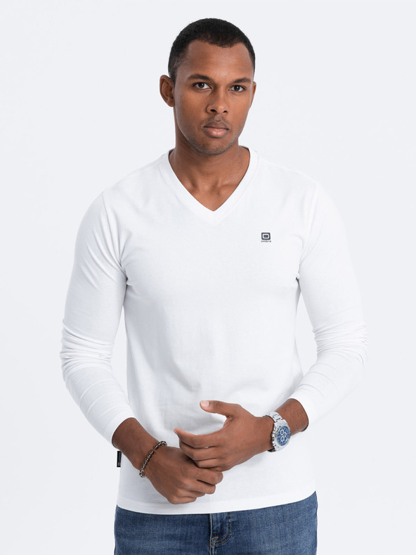 Ombre Clothing Bílé pánské tričko s véčkovým výstřihem Ombre Clothing