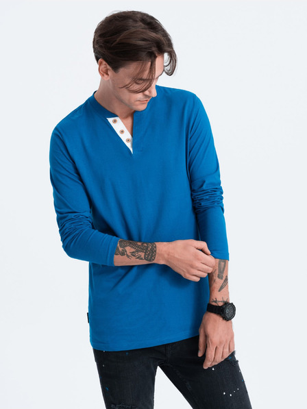 Ombre Clothing Modré pánské tričko s knoflíky Ombre Clothing HENLEY