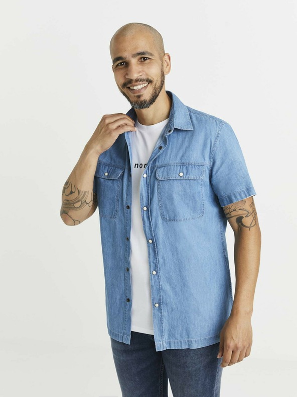 Celio Modrá pánská džínová košile s kapsami Celio