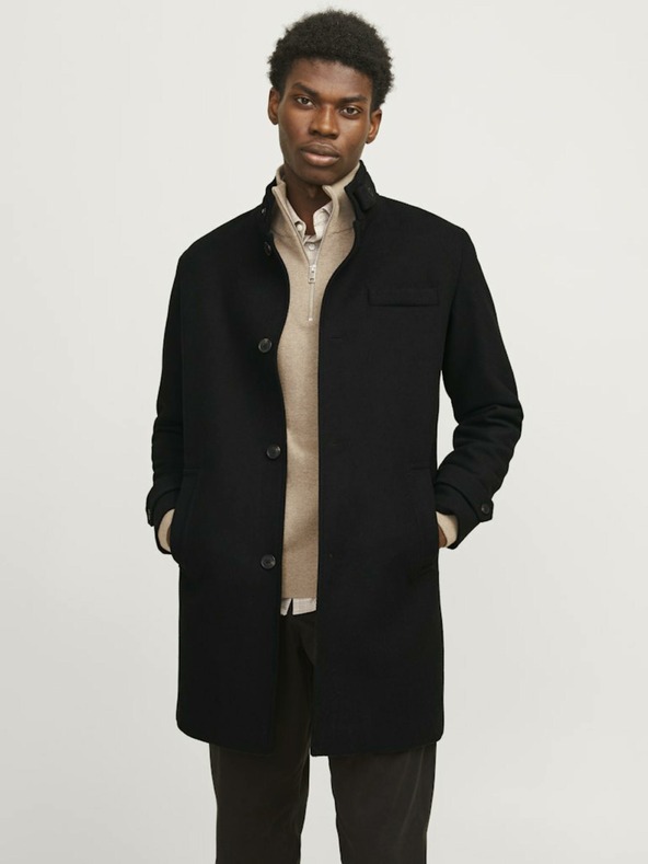 Jack & Jones Černý pánský vlněný kabát Jack & Jones