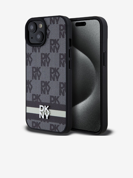 DKNY PU Leather Checkered Pattern and Stripe Zadní Kryt pro iPhone 15 Black DKNY