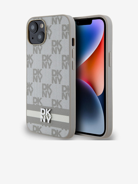 DKNY PU Leather Checkered Pattern and Stripe Zadní Kryt pro iPhone 14 Beige DKNY