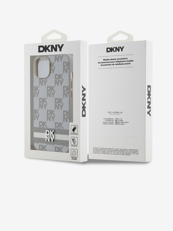 DKNY PU Leather Checkered Pattern and Stripe Zadní Kryt pro iPhone 14 Beige DKNY