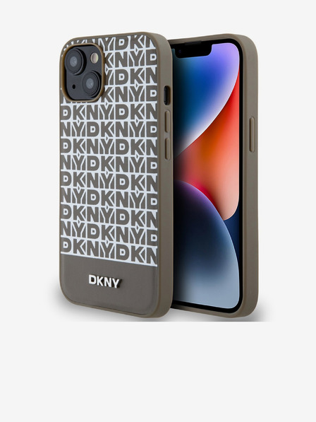 DKNY PU Leather Repeat Pattern Bottom Stripe MagSafe Zadní Kryt pro iPhone 14 Brown DKNY