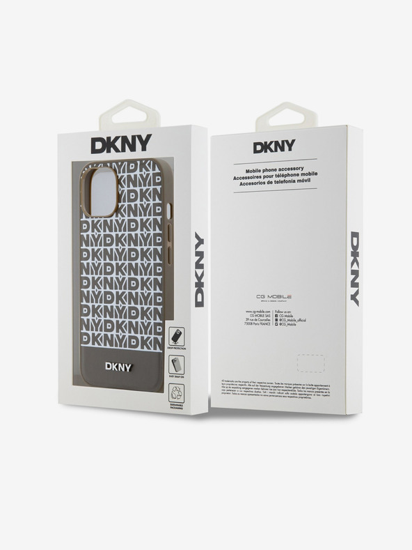 DKNY PU Leather Repeat Pattern Bottom Stripe MagSafe Zadní Kryt pro iPhone 14 Brown DKNY