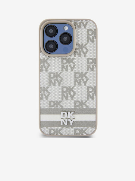 DKNY PU Leather Checkered Pattern and Stripe Zadní Kryt pro iPhone 14 Pro Beige DKNY