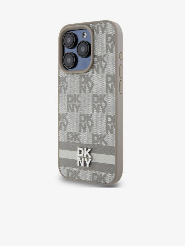 DKNY PU Leather Checkered Pattern and Stripe Zadní Kryt pro iPhone 14 Pro Beige DKNY