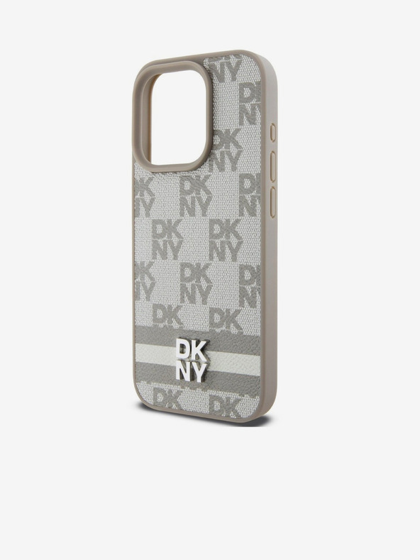 DKNY PU Leather Checkered Pattern and Stripe Zadní Kryt pro iPhone 14 Pro Beige DKNY