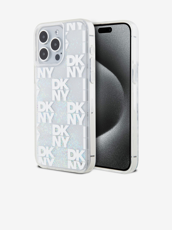 DKNY Liquid Glitter Checkered Pattern Zadní Kryt pro iPhone 15 Pro Max Transparent DKNY