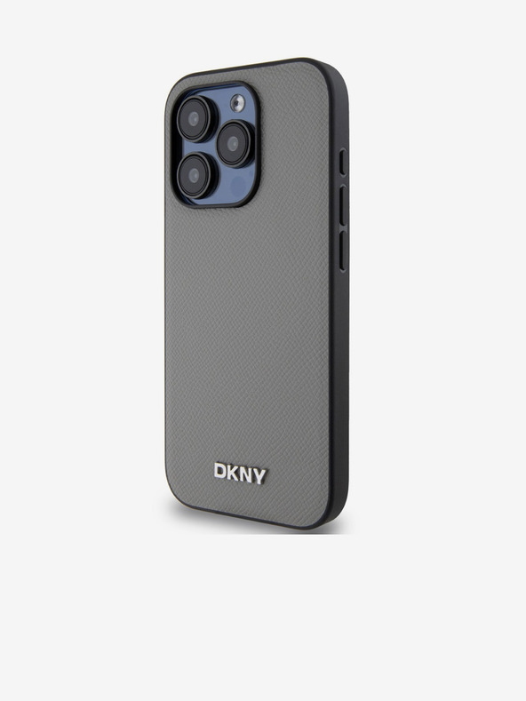 DKNY PU Leather Silver Metal Logo Magsafe Zadní Kryt pro iPhone 15 Pro Grey DKNY