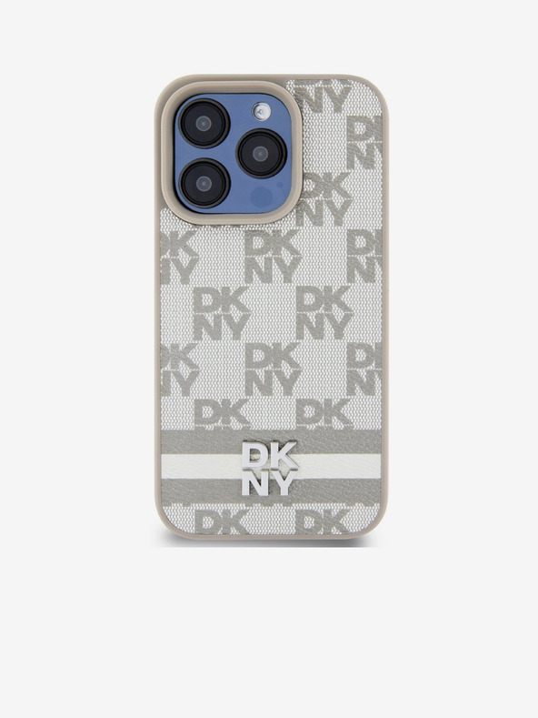 DKNY PU Leather Checkered Pattern and Stripe Zadní Kryt pro iPhone 13 Pro Max Beige DKNY