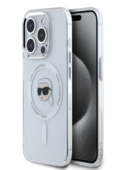 Karl Lagerfeld Karl Lagerfeld IML Karl Head Metal Frame MagSafe Zadní Kryt pro iPhone 15 Pro Transparent