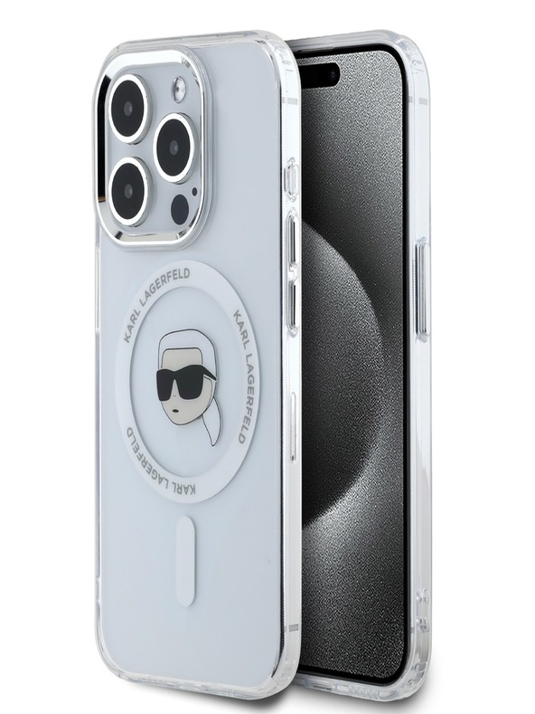 Karl Lagerfeld Karl Lagerfeld IML Karl Head Metal Frame MagSafe Zadní Kryt pro iPhone 15 Pro Transparent