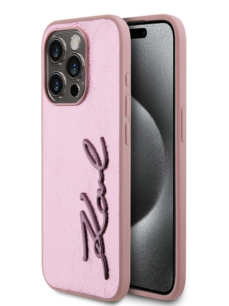 Karl Lagerfeld Wrinkled PU Signature Logo Zadní Kryt pro iPhone 15 Pro Pink Karl Lagerfeld