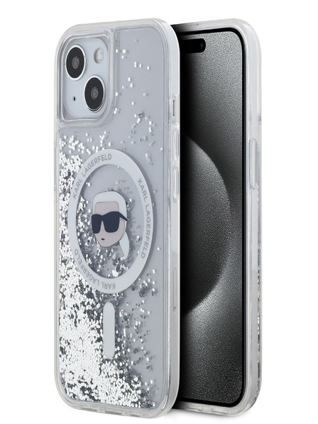Karl Lagerfeld Karl Lagerfeld Liquid Glitter Karl Head Magsafe Zadní Kryt pro iPhone 15 Transparent