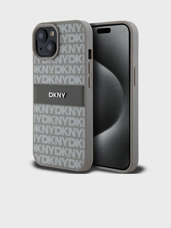 DKNY PU Leather Repeat Pattern Tonal Stripe Zadní Kryt pro iPhone 15 Beige DKNY