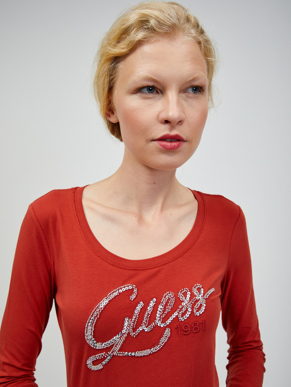 Guess Cihlové dámské tričko s dlouhým rukávem Guess Bryanna