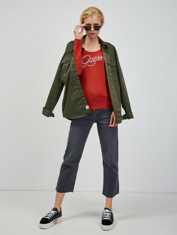 Guess Cihlové dámské tričko s dlouhým rukávem Guess Bryanna