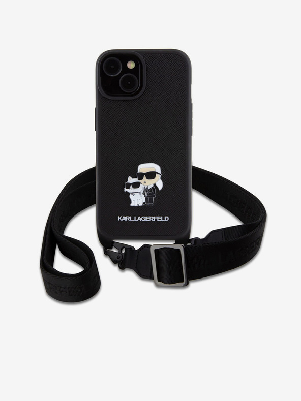 Karl Lagerfeld Karl Lagerfeld Saffiano Crossbody Popruh Metal Karl and Choupette Zadní Kryt pro iPhone 15 Black