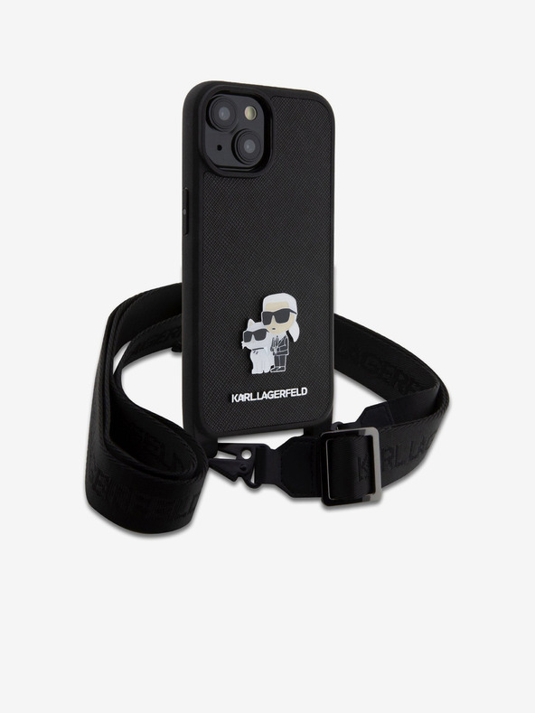 Karl Lagerfeld Karl Lagerfeld Saffiano Crossbody Popruh Metal Karl and Choupette Zadní Kryt pro iPhone 15 Black