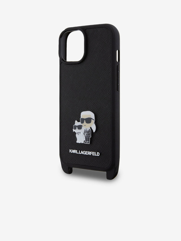 Karl Lagerfeld Karl Lagerfeld Saffiano Crossbody Popruh Metal Karl and Choupette Zadní Kryt pro iPhone 15 Black