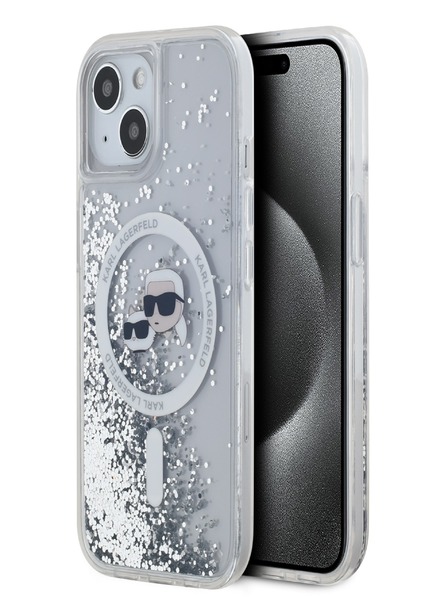 Karl Lagerfeld Karl Lagerfeld Liquid Glitter Karl and Choupette Heads MagSafe Zadní Kryt pro iPhone 15 Transparent