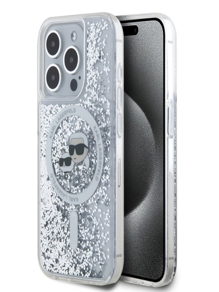 Karl Lagerfeld Karl Lagerfeld Liquid Glitter Karl and Choupette Heads MagSafe Zadní Kryt pro iPhone 15 Pro Transparent