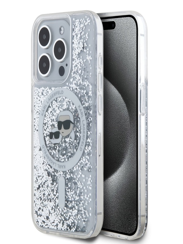Karl Lagerfeld Karl Lagerfeld Liquid Glitter Karl and Choupette Heads MagSafe Zadní Kryt pro iPhone 15 Pro Transparent