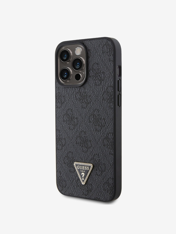 Guess PU 4G Strass Triangle Metal Logo Zadní Kryt pro iPhone 15 Pro Max Black Obal na telefon
