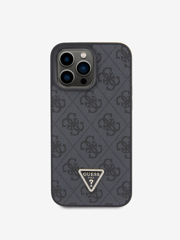 Guess PU 4G Strass Triangle Metal Logo Zadní Kryt pro iPhone 15 Pro Max Black Obal na telefon