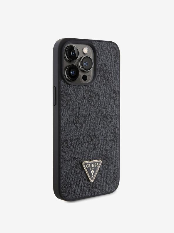 Guess PU 4G Strass Triangle Metal Logo Zadní Kryt pro iPhone 15 Pro Max Black Obal na telefon
