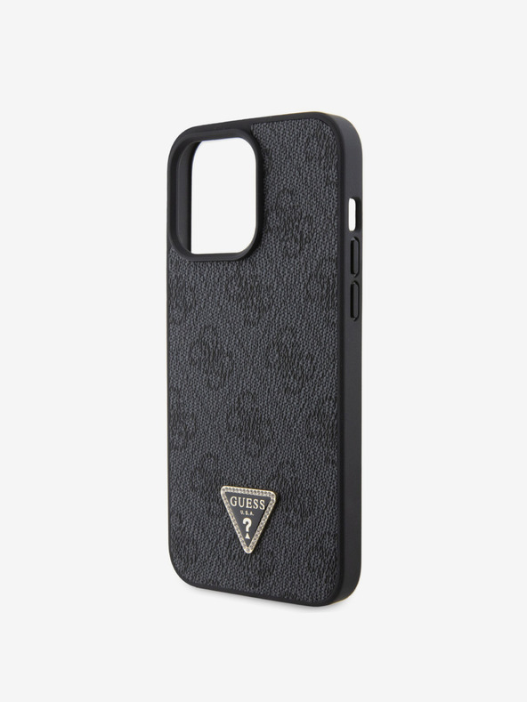 Guess PU 4G Strass Triangle Metal Logo Zadní Kryt pro iPhone 15 Pro Max Black Obal na telefon