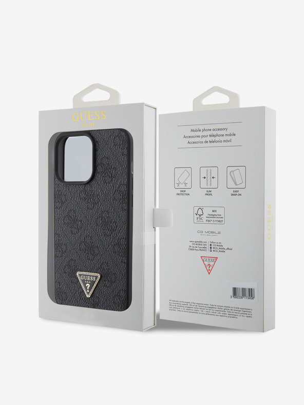 Guess PU 4G Strass Triangle Metal Logo Zadní Kryt pro iPhone 15 Pro Max Black Obal na telefon