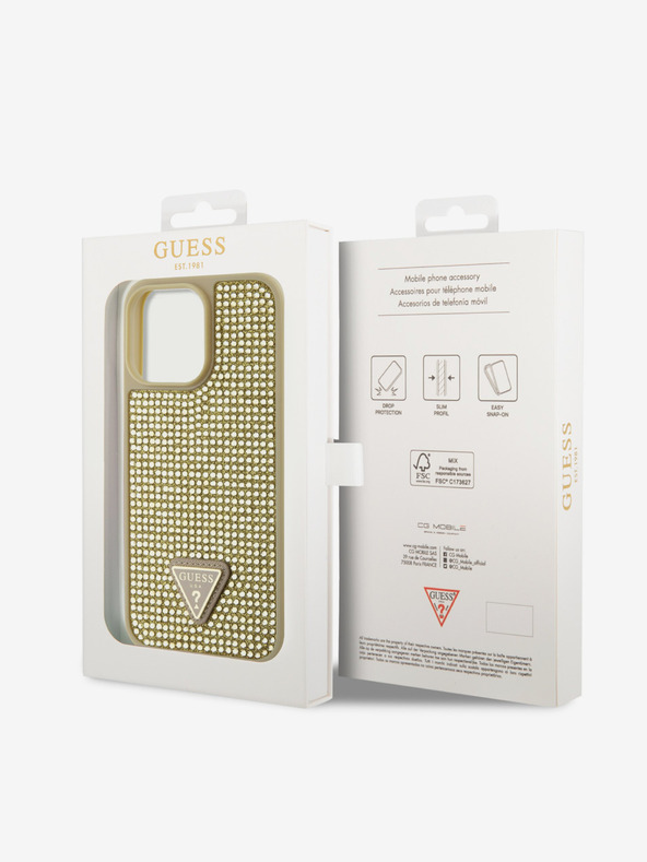 Guess Guess Rhinestones Triangle Metal Logo Kryt pro iPhone 15 Pro Max Gold