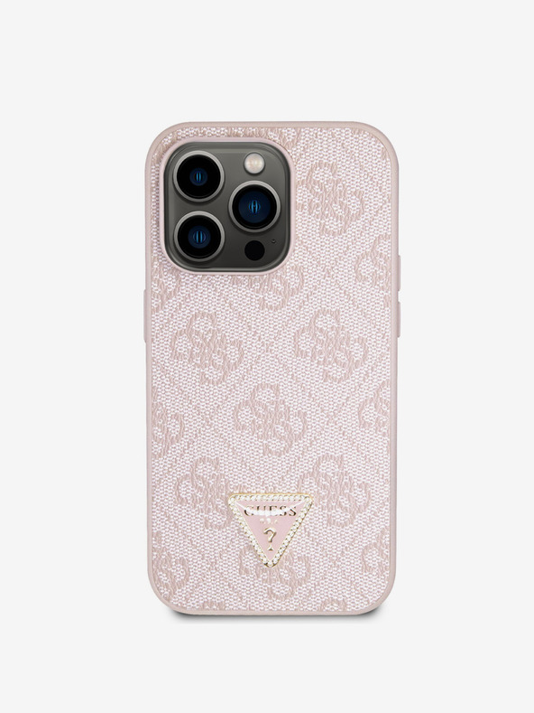 Guess PU 4G Strass Triangle Metal Logo Zadní Kryt pro iPhone 15 Pro Pink Obal na telefon