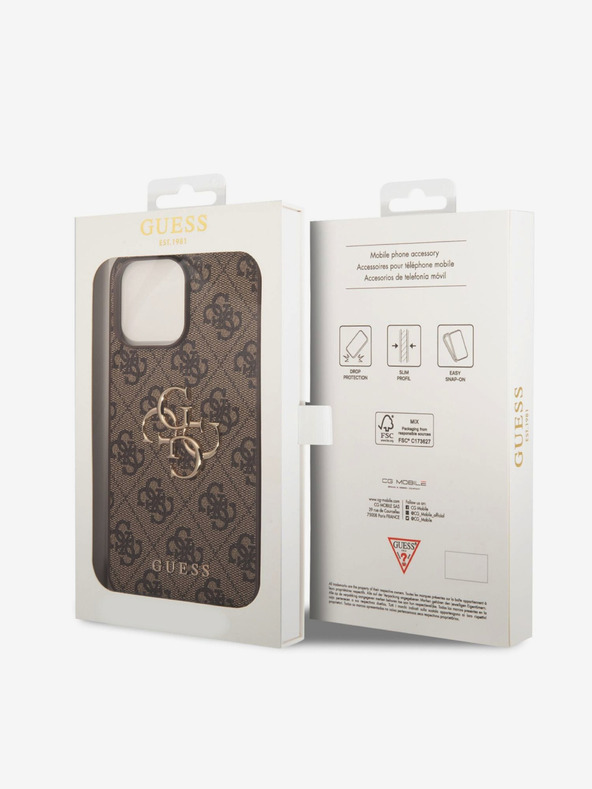 Guess PU 4G Metal Logo Zadní Kryt pro iPhone 15 Pro Max Brown Obal na telefon