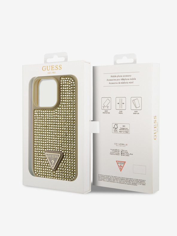 Guess Guess Rhinestones Triangle Metal Logo Kryt pro iPhone 15 Pro Gold