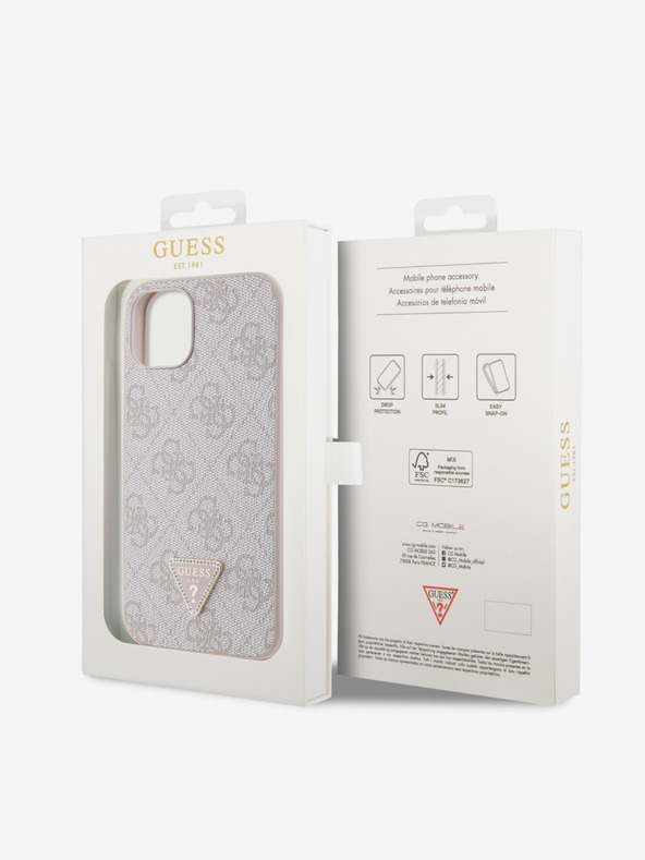 Guess Guess PU 4G Strass Triangle Metal Logo Zadní Kryt pro iPhone 15 Pink