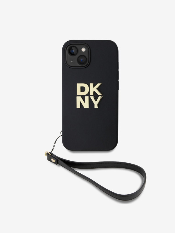 DKNY PU Leather Stack Logo Wrist Strap Zadní Kryt pro iPhone 15 Black DKNY