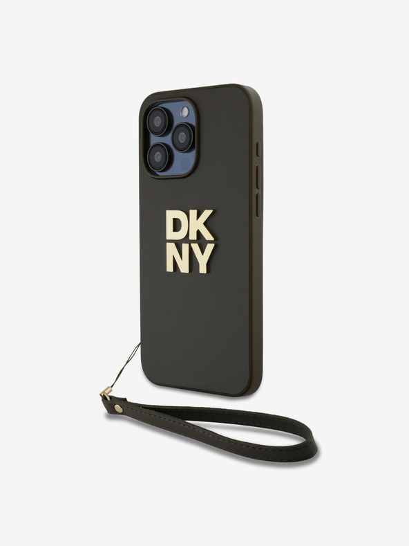 DKNY PU Leather Stack Logo Wrist Strap Zadní Kryt pro iPhone 15 Pro Max Brown DKNY