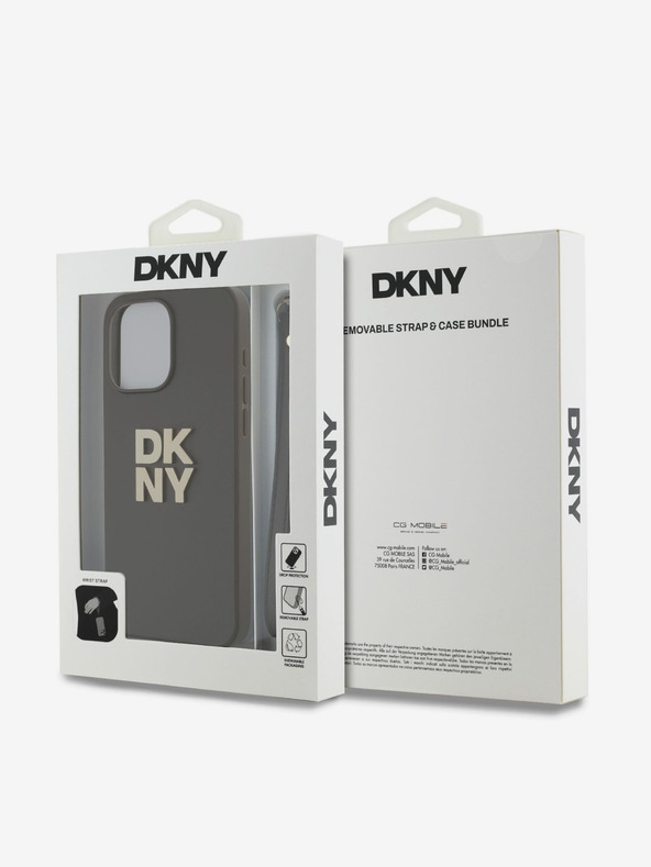 DKNY PU Leather Stack Logo Wrist Strap Zadní Kryt pro iPhone 15 Pro Max Brown DKNY
