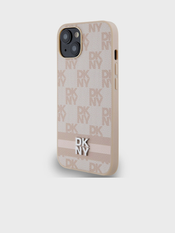 DKNY PU Leather Checkered Pattern and Stripe Zadní Kryt pro iPhone 14 Pink DKNY