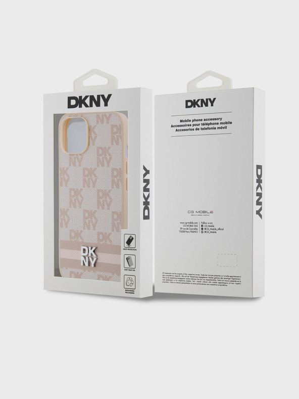 DKNY PU Leather Checkered Pattern and Stripe Zadní Kryt pro iPhone 14 Pink DKNY