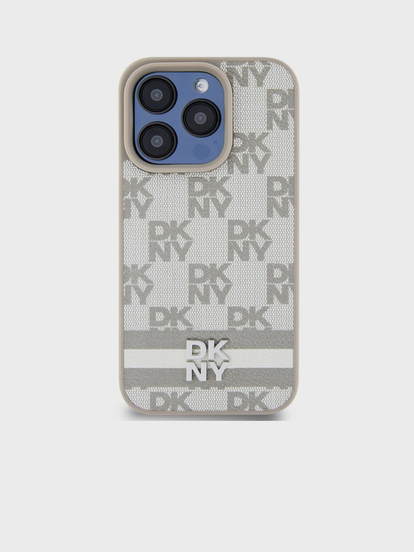 DKNY PU Leather Checkered Pattern and Stripe Zadní Kryt pro iPhone 15 Pro Max Beige DKNY