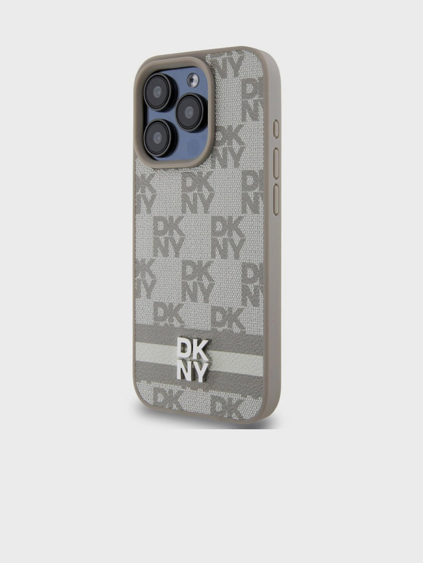 DKNY PU Leather Checkered Pattern and Stripe Zadní Kryt pro iPhone 15 Pro Max Beige DKNY