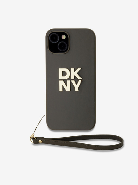 DKNY PU Leather Stack Logo Wrist Strap Zadní Kryt pro iPhone 14 Brown DKNY