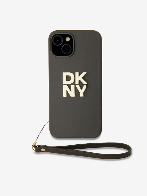 DKNY PU Leather Stack Logo Wrist Strap Zadní Kryt pro iPhone 14 Brown DKNY