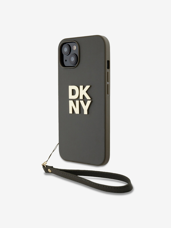 DKNY PU Leather Stack Logo Wrist Strap Zadní Kryt pro iPhone 14 Brown DKNY