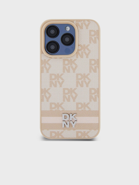 DKNY PU Leather Checkered Pattern and Stripe Zadní Kryt pro iPhone 13 Pro Pink DKNY