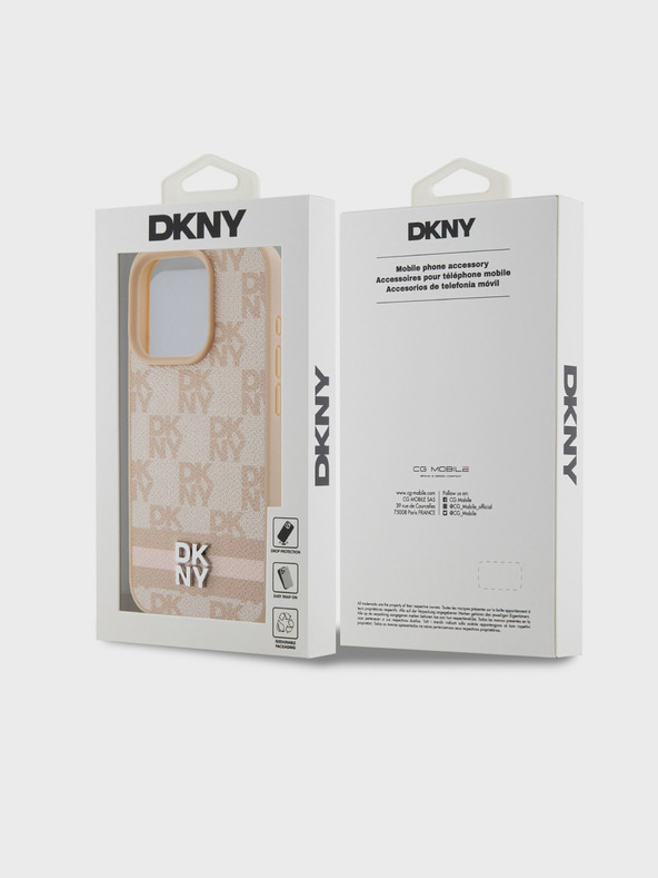 DKNY PU Leather Checkered Pattern and Stripe Zadní Kryt pro iPhone 13 Pro Pink DKNY